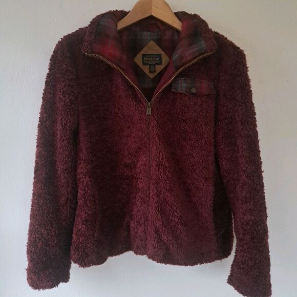Pendleton Jackets & Blazers - Pendleton Deep Pile Sherpa Burgundy Red Full Zip Plaid Women’s Medium Jacket